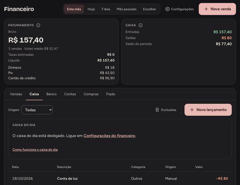 Financeiro no tema escuro, com fundo grafite.